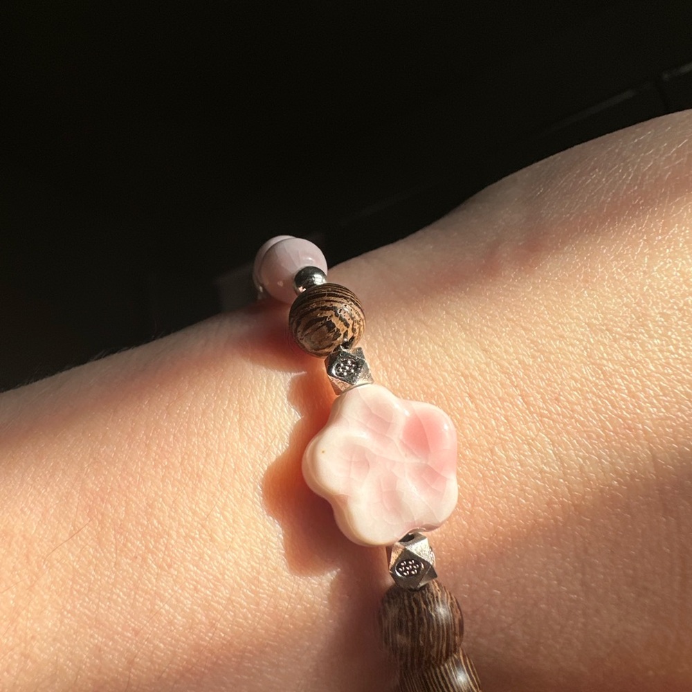 Pink Floral Ceramic and Wood Beaded Bracelet